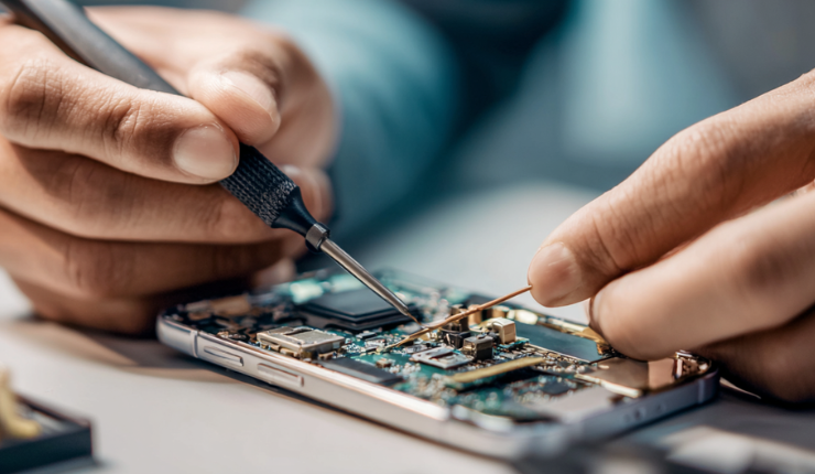 Tekniker reparerar en mobiltelefon som illustration till RIT-avdrag för reparation av elektronik.