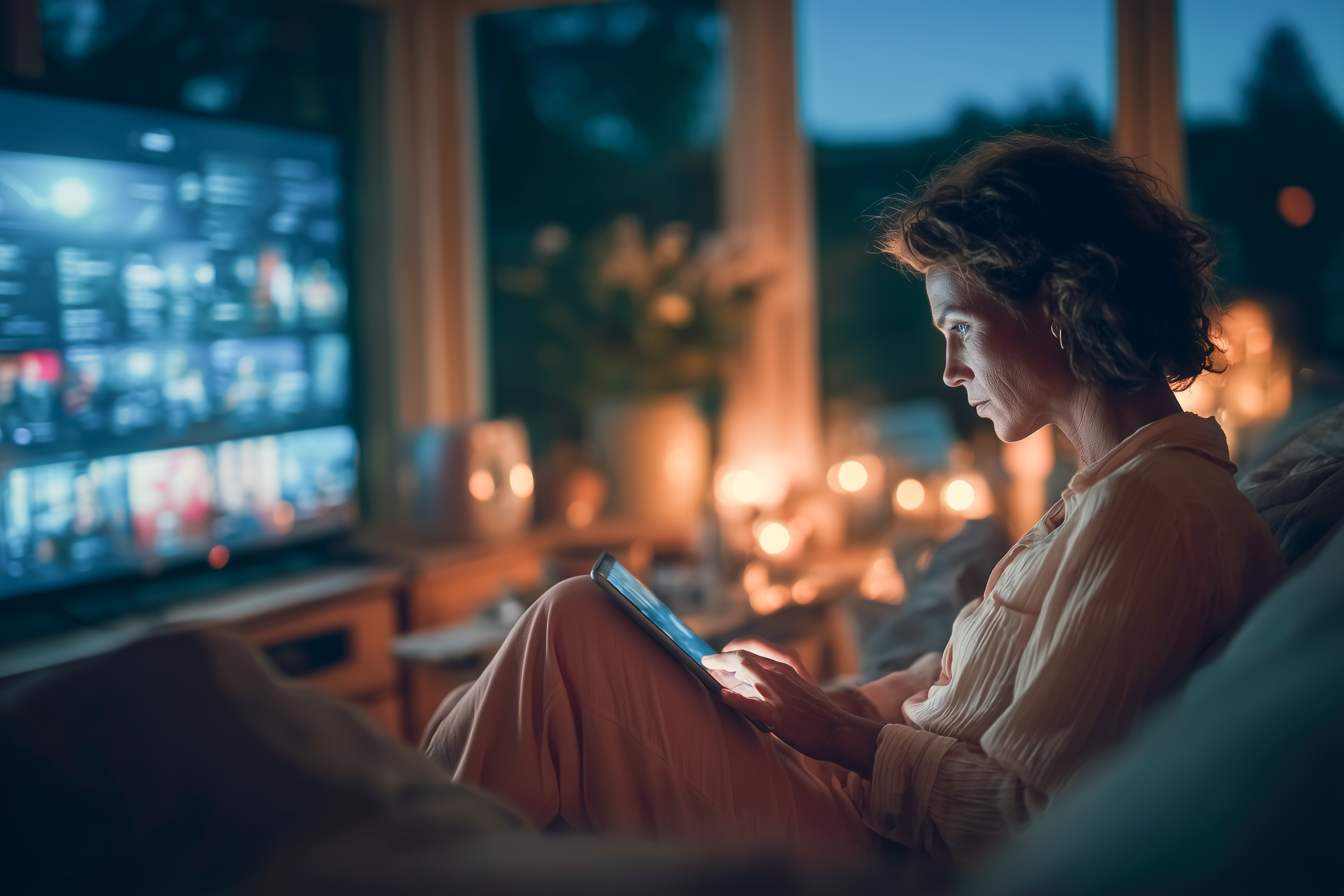 Person tittar på strömmat innehåll på TV och använder en mobiltelefon i hemmet.