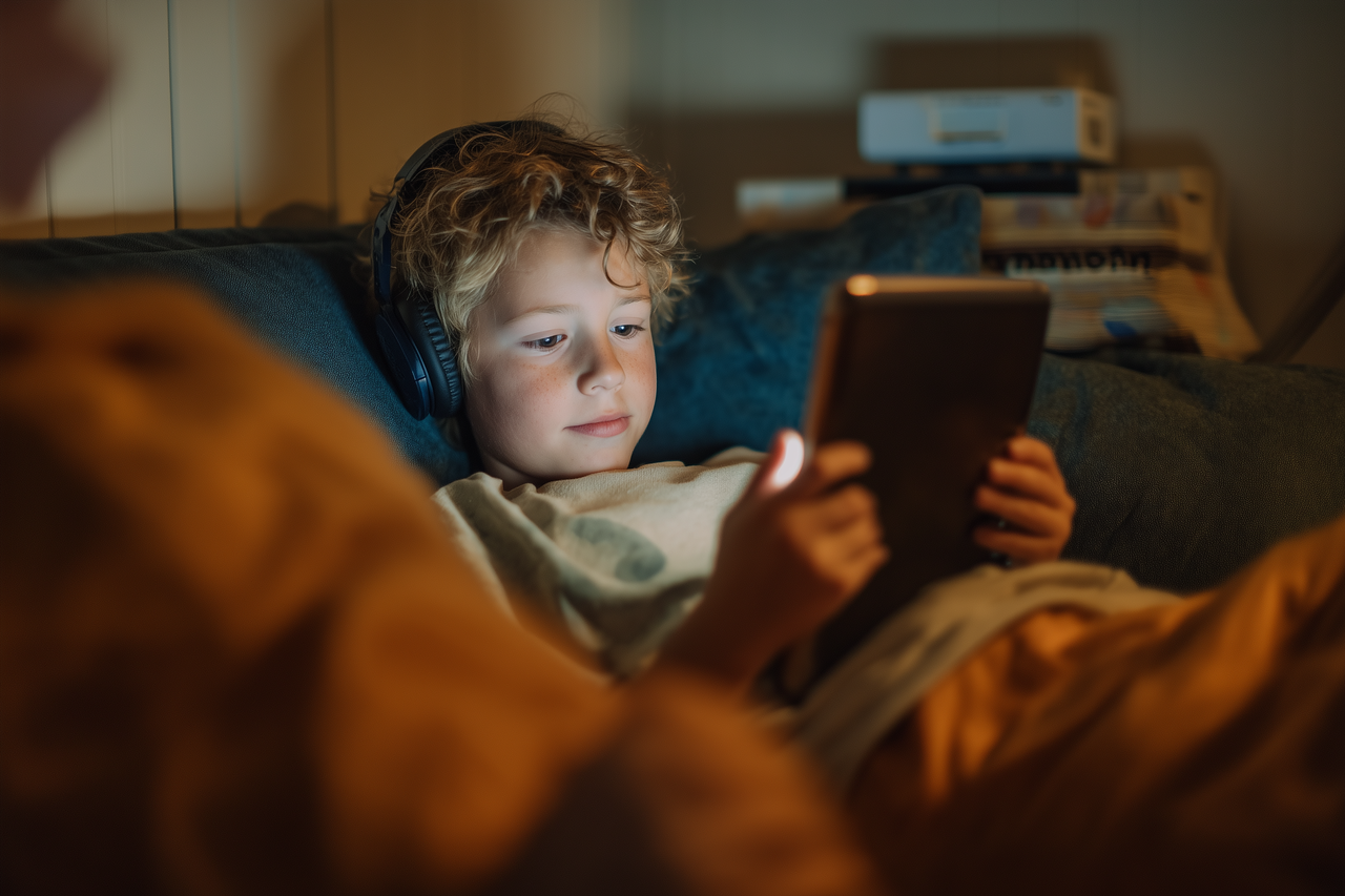 Barn använder en surfplatta i hemmet, som illustration till hur elektronikskatten påverkar svenska hushåll.