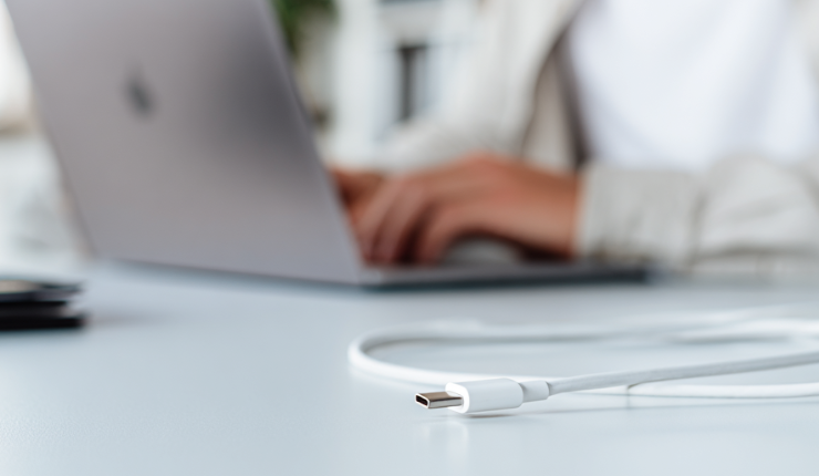 USB-C-kabel framför en bärbar dator som illustration av den gemensamma laddningsstandarden för elektronik.